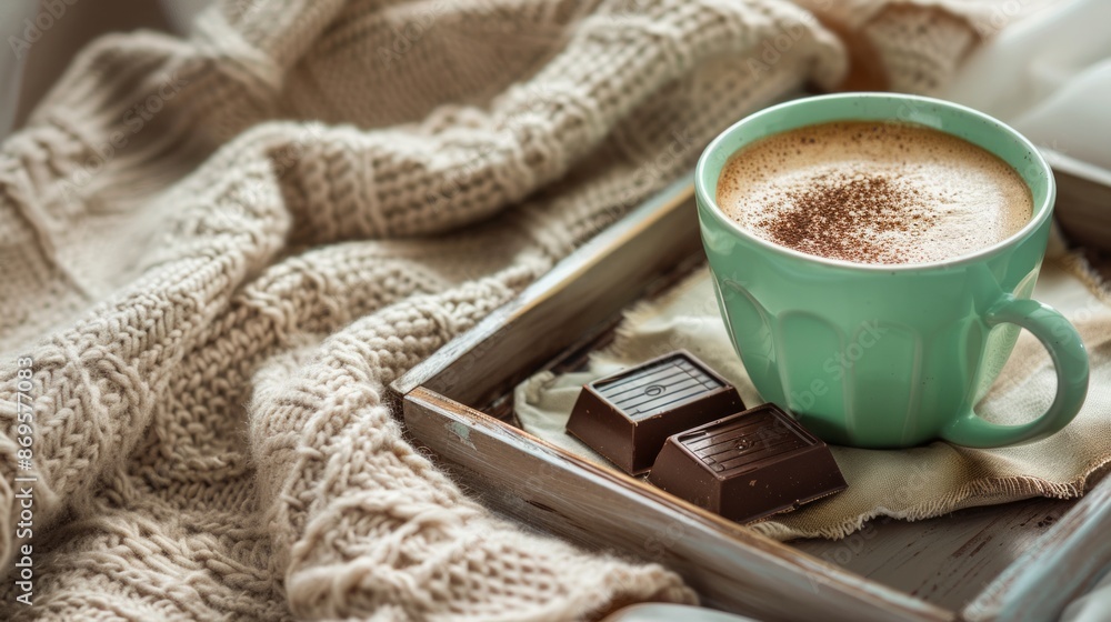 Cappuccino in beautiful cup and chocolate cube on the tray, Boho Chic Styled Decor Cappuccino in beautiful cup and chocolate cube on the tray, Boho Chic Styled Decor