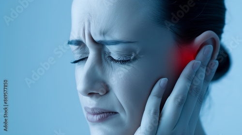 
Woman holding her ear, wincing in pain. Red spot on the ear area. Ear infection, otitis media photo