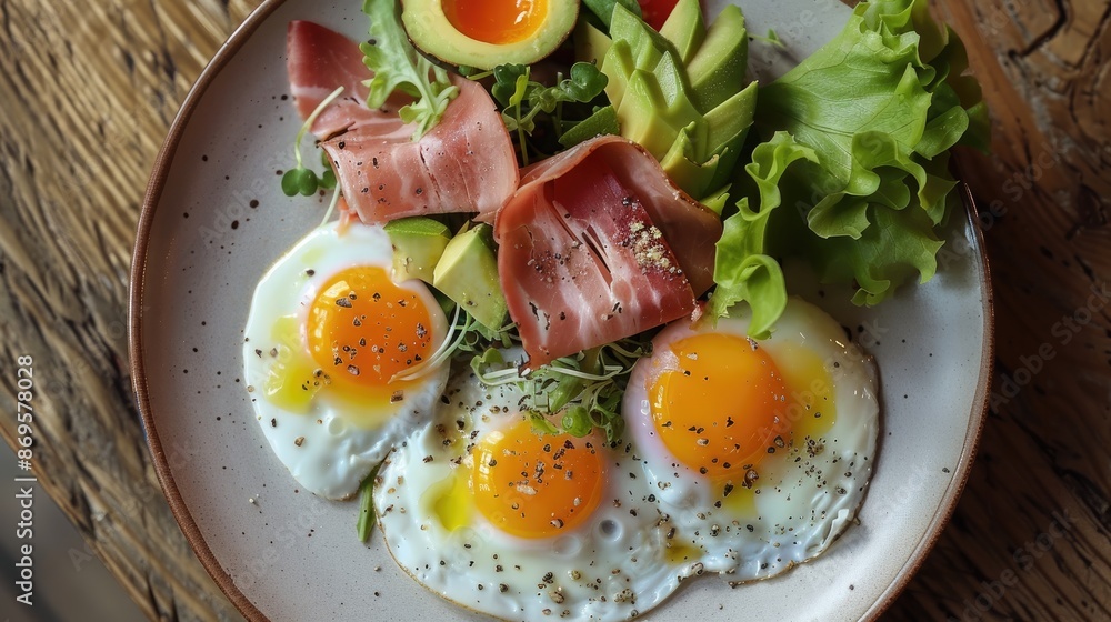 Ketogenic/paleo diet. Boiled eggs, ham, avocado and fresh salad. Keto breakfast. Brunch. Top view, overhead Ketogenic/paleo diet. Boiled eggs, ham, avocado and fresh salad. Keto breakfast. Brunch. Top view, overhead