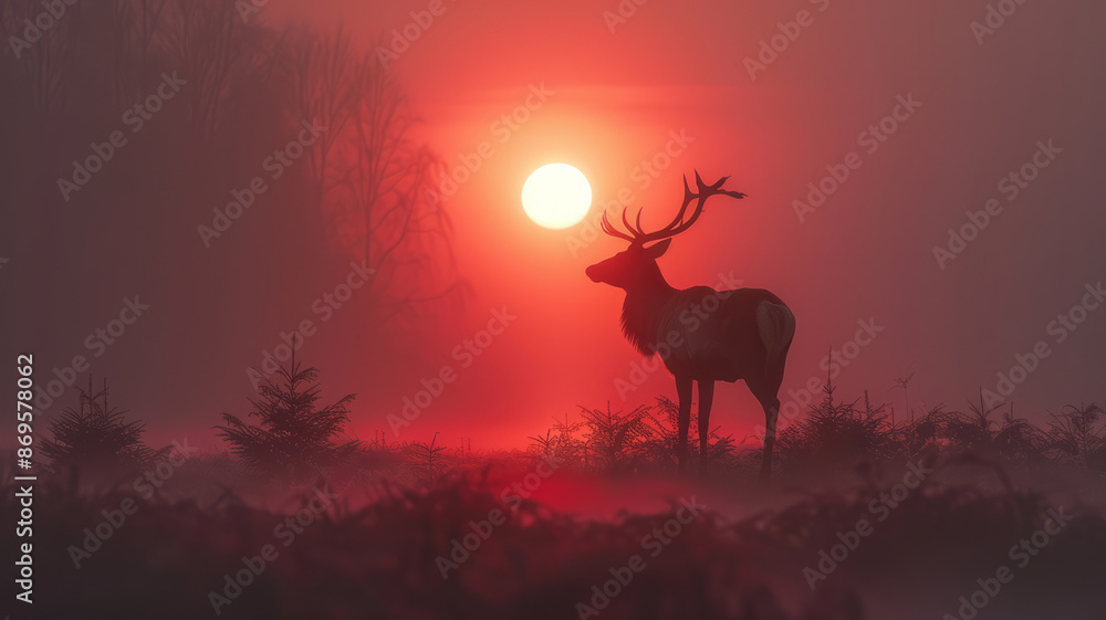 reindeer in the fog. silhouette. japanese illustration. sunset.generatiive ai reindeer in the fog. silhouette. japanese illustration. sunset.generatiive ai