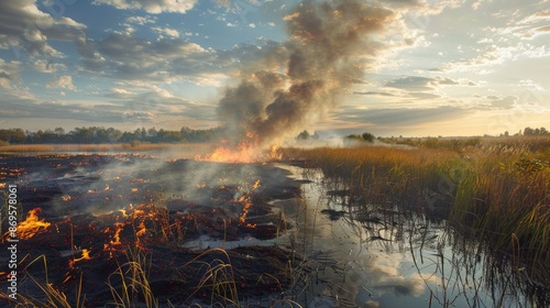Peat bog ignites in summer: the fire hazard of burning natural materials, natural peat