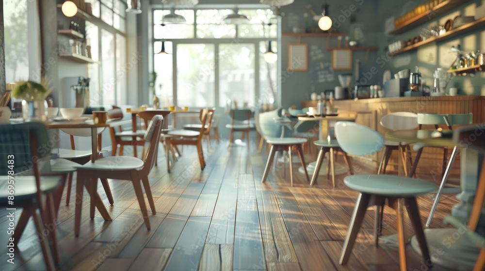 Obraz premium Stylish modern cafe interior with chairs and eating tables on hardwood floor