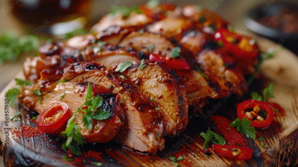 Chicken pastrami with red paprika and red pepper. Meat delicacy. Diet food. Chicken pastrami with red paprika and red pepper. Meat delicacy. Diet food.
