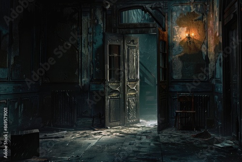 Terrifying interior of a deserted house featuring open doors leading to a dark hallway and shattered furniture, with eerie light streaming from the window; concept art, horror photography, highly deta photo