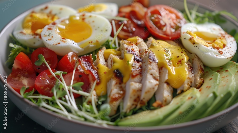 Healthy cobb salad with chicken, avocado, bacon, tomato, cheese and eggs. American food. Healthy cobb salad with chicken, avocado, bacon, tomato, cheese and eggs. American food.