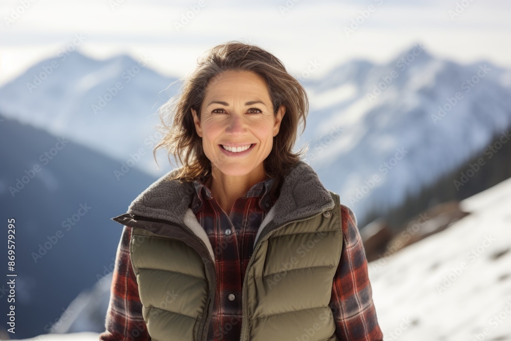 Portrait of a smiling woman in her 40s wearing a rugged jean vest in pristine snowy mountain Portrait of a smiling woman in her 40s wearing a rugged jean vest in pristine snowy mountain