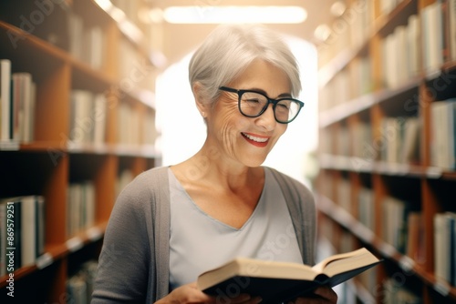 Smiling senior woman looking at a book standing in a library Cheerful senior woman standing in a library looking at a text book. Senior woman checking for reference books in a university library