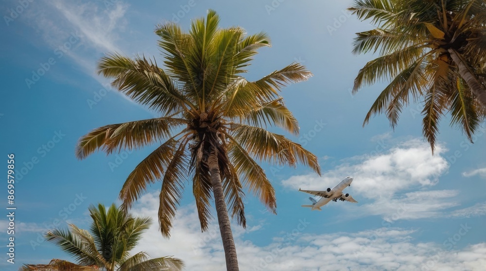 Obraz premium White airplane flying above the palm trees