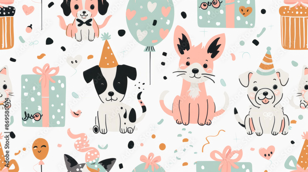 party background with dogs and pastel colors, cute, party invitation.