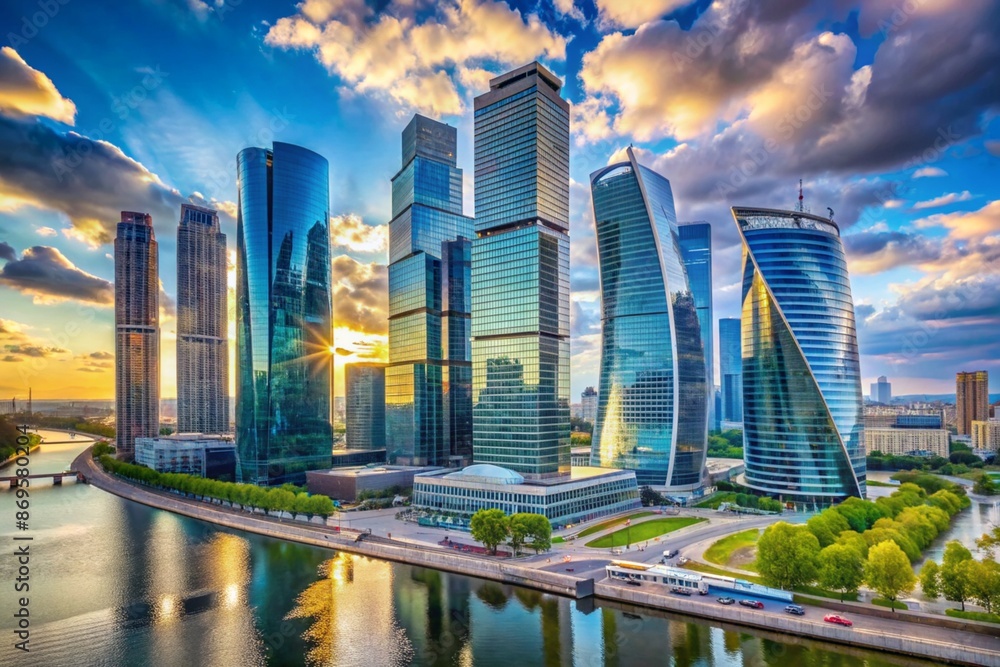 Fototapeta premium Modern Moscow cityscape featuring skyscrapers and office buildings