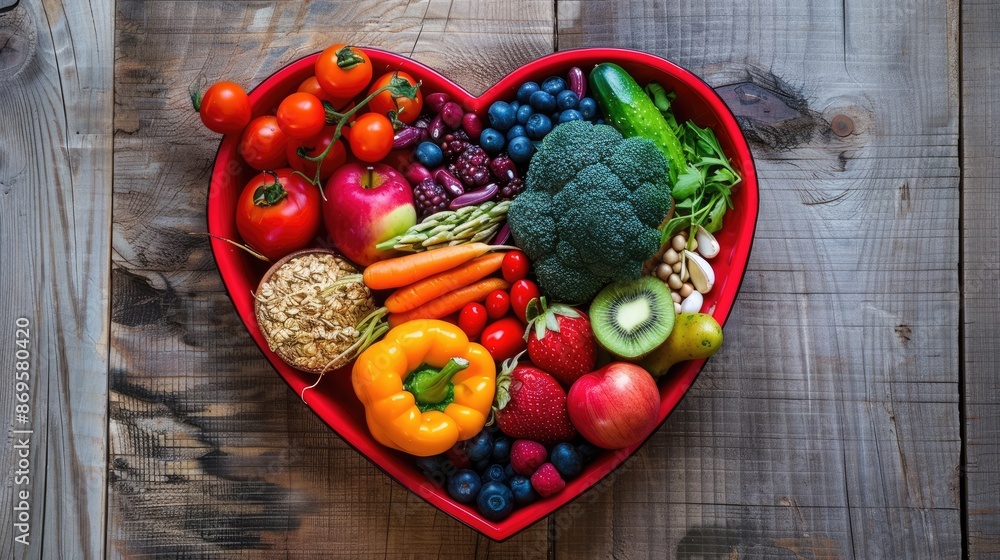 A vibrant photo showcasing a heartshaped bowl filled with nutritious diet foods, including fresh fruits, vegetables, and whole grains, promoting heart health and cardiovascular wellness A vibrant photo showcasing a heartshaped bowl filled with nutritious diet foods, including fresh fruits, vegetables, and whole grains, promoting heart health and cardiovascular wellness