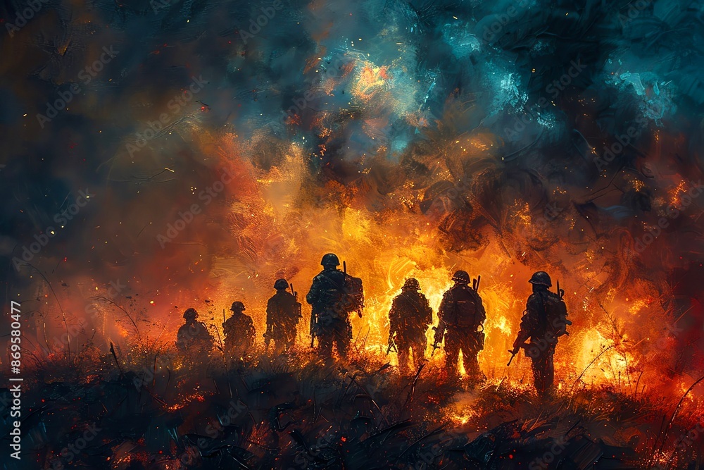 An assembly of rebel fighters strategizing in a war-torn wasteland An assembly of rebel fighters strategizing in a war-torn wasteland