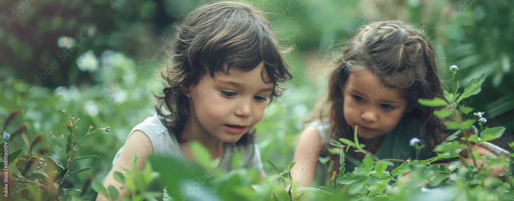 Design a semi-close-up image of siblings playing in a garden, with a professional look and plenty of copy space. Design a semi-close-up image of siblings playing in a garden, with a professional look and plenty of copy space.