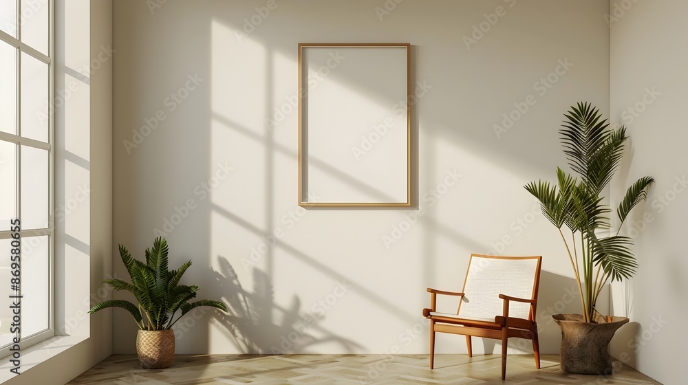 Fototapeta premium Minimalist 3D Rendered Frame and Chair in a Clean Interior Setting