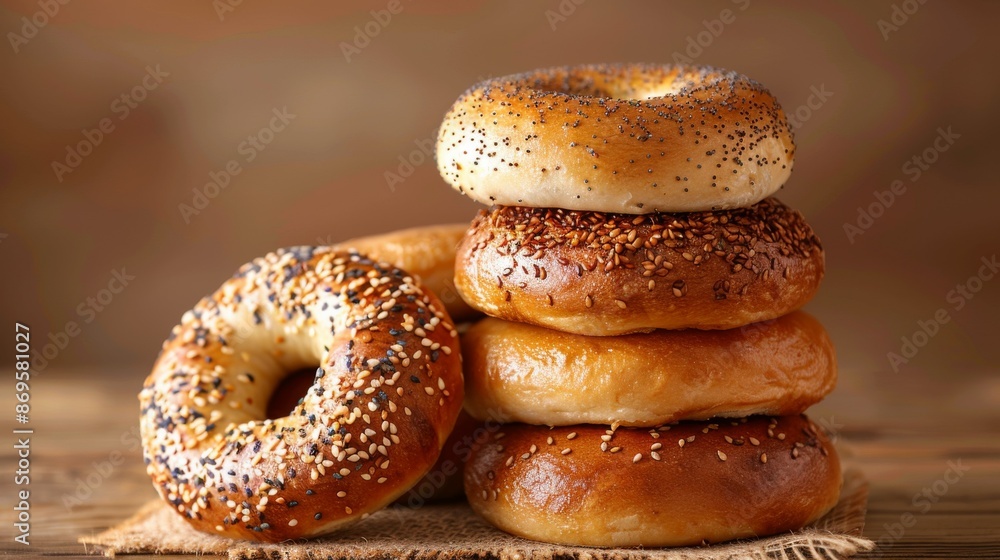 Fresh Bagel Stack: A stack of various bagels showcasing their delicious texture and toppings, against a neutral background. Fresh Bagel Stack: A stack of various bagels showcasing their delicious texture and toppings, against a neutral background.