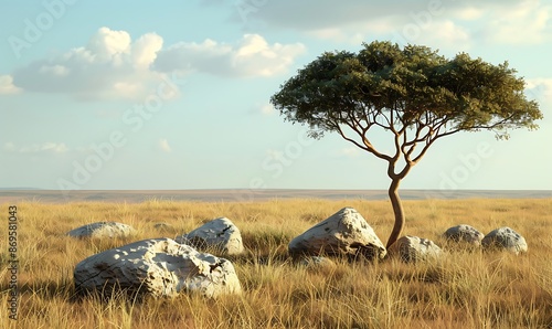 Lone Acacia Tree on Faded Grass Savanna with Rocks, Cut Out