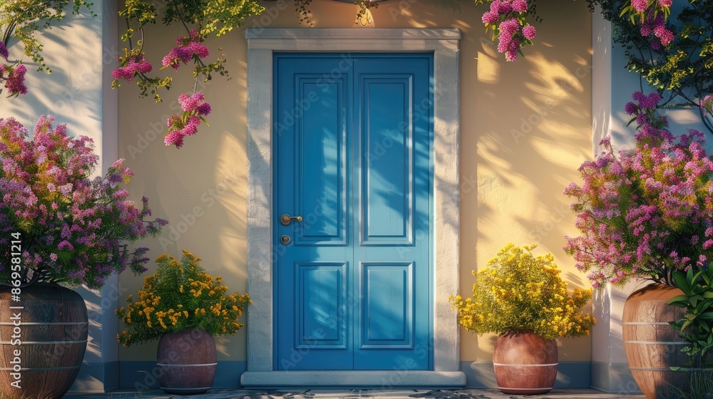 Fototapeta premium A front entrance of a home with a blue door