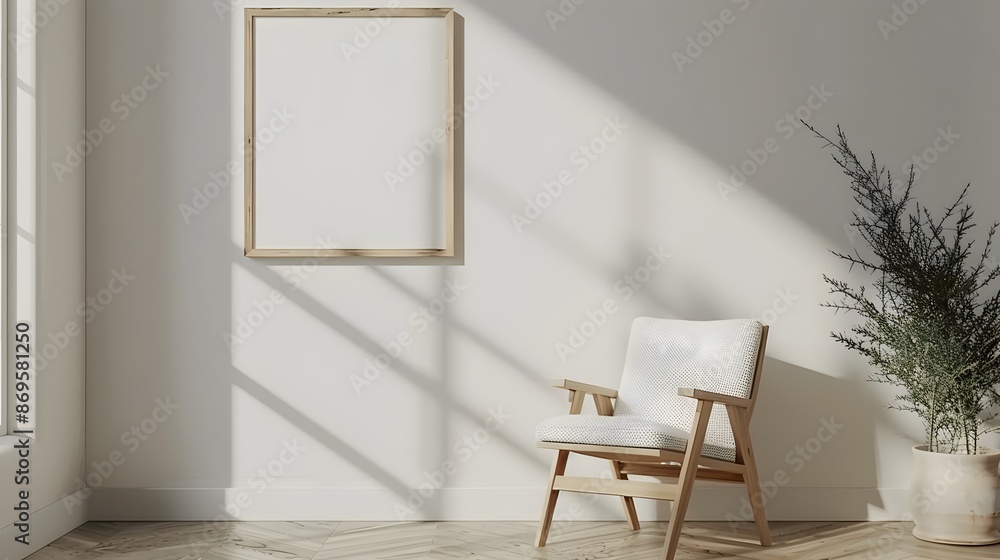 Minimalist 3D Rendering of Wooden Frame and Modern Chair in Elegant Interior Space Minimalist 3D Rendering of Wooden Frame and Modern Chair in Elegant Interior Space