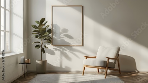 Minimalist 3D Rendered Wooden Frame with Sleek Chair in Simple Interior Design