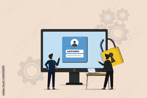 Strong password for cyber security, high protection and security, safe data privacy, businessman team doing strong password protection on computer screen.