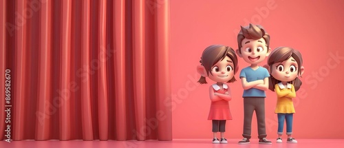 Fun 3D cartoon characters participating in a drama club and rehearsing a play after school, dramatic and theatrical
