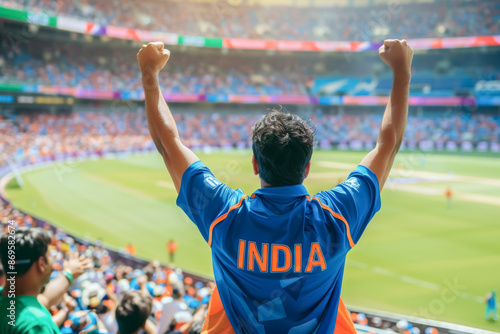 Patriotic Indian Fans Celebrating with Flags. A jubilant group of Indian cricket fans, with dark hair and medium skin, waving the national flag, smiling broadly, and exuding national pride in stadium
