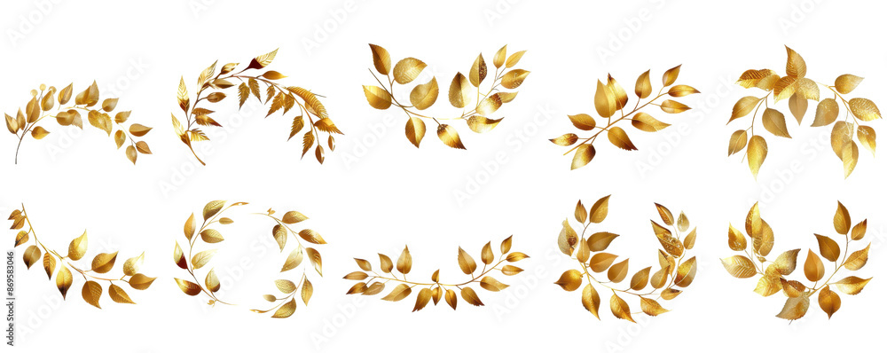 Set of golden laurel wreath illustrations with diverse designs, perfect for awards, achievements, and decorative purposes. Set of golden laurel wreath illustrations with diverse designs, perfect for awards, achievements, and decorative purposes.