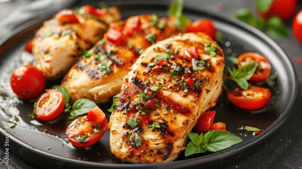 Keto lunch or dinner. Grilled chicken fillet with mini romen and tomatoes salsa. Keto lunch or dinner. Grilled chicken fillet with mini romen and tomatoes salsa.