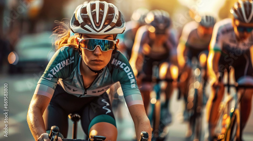 A female cyclist fast on move at summer international sporting event. Close up. Blurred background. Selective focus. Generative AI image..