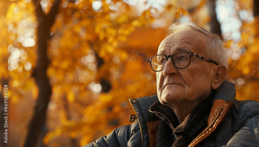 Elderly Man Contemplating in Park on Autumn Afternoon, Thoughtful Expression, Serene Backdrop, Wearing Glasses and Jacket Elderly Man Contemplating in Park on Autumn Afternoon, Thoughtful Expression, Serene Backdrop, Wearing Glasses and Jacket