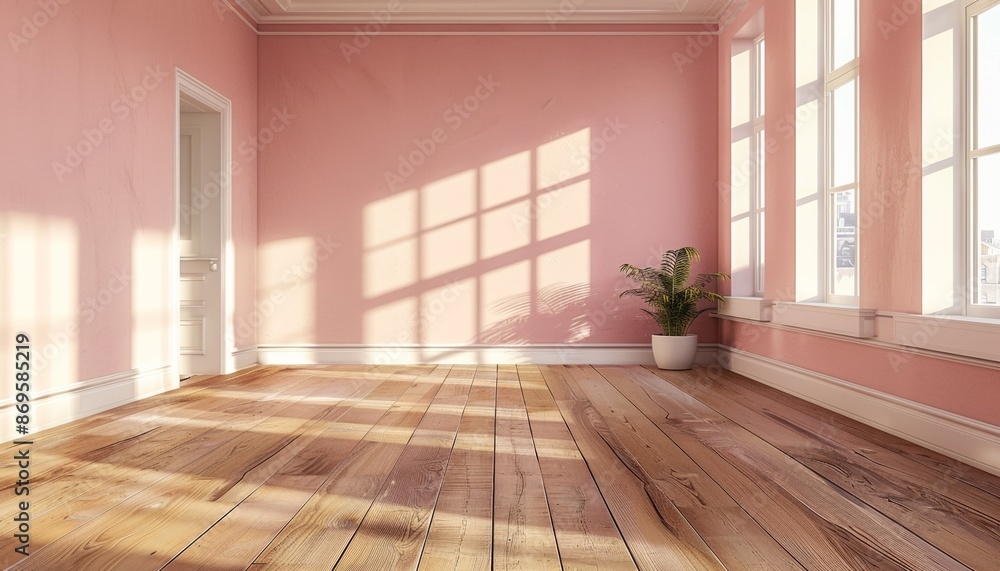 Fototapeta premium Empty Living Space with Pink Wall and Hardwood Flooring Interior Design