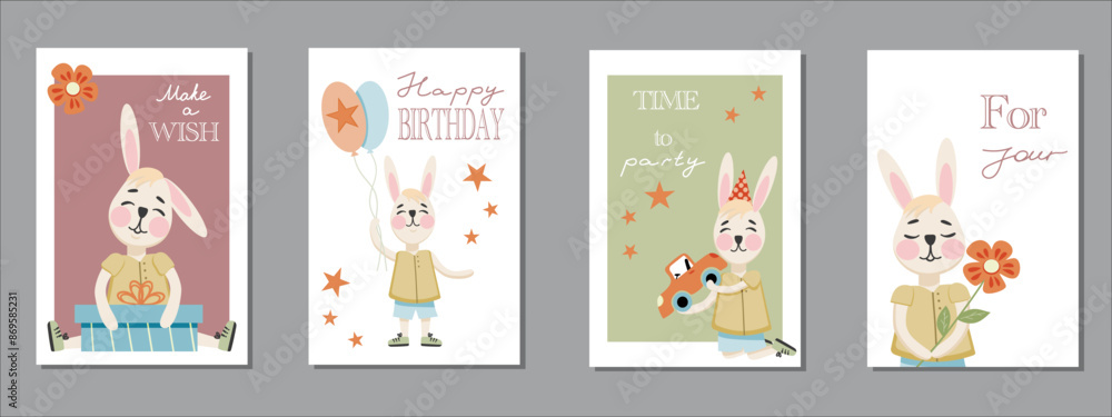 Set of Birthday greeting card with cute little rabbits, party balloons and typography design. Vector Set of Birthday greeting card with cute little rabbits, party balloons and typography design. Vector