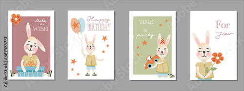 Set of Birthday greeting card with cute little rabbits, party balloons and typography design. Vector