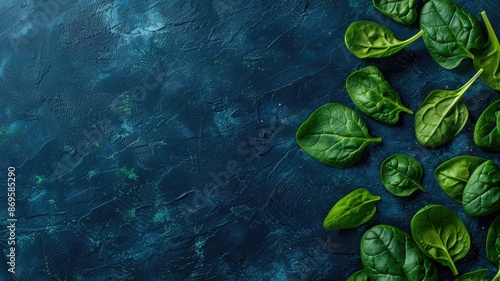 Fresh spinach leaves on dark textured background photo