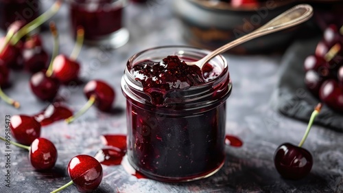 Glass jar of dark cherry jam with fresh cherries and spoon