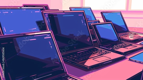 aptops in a technology classroom An illustration art style