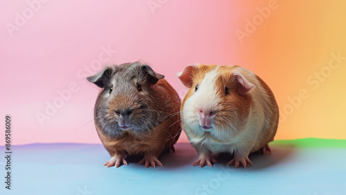Two guinea pigs sit on colorful background photo