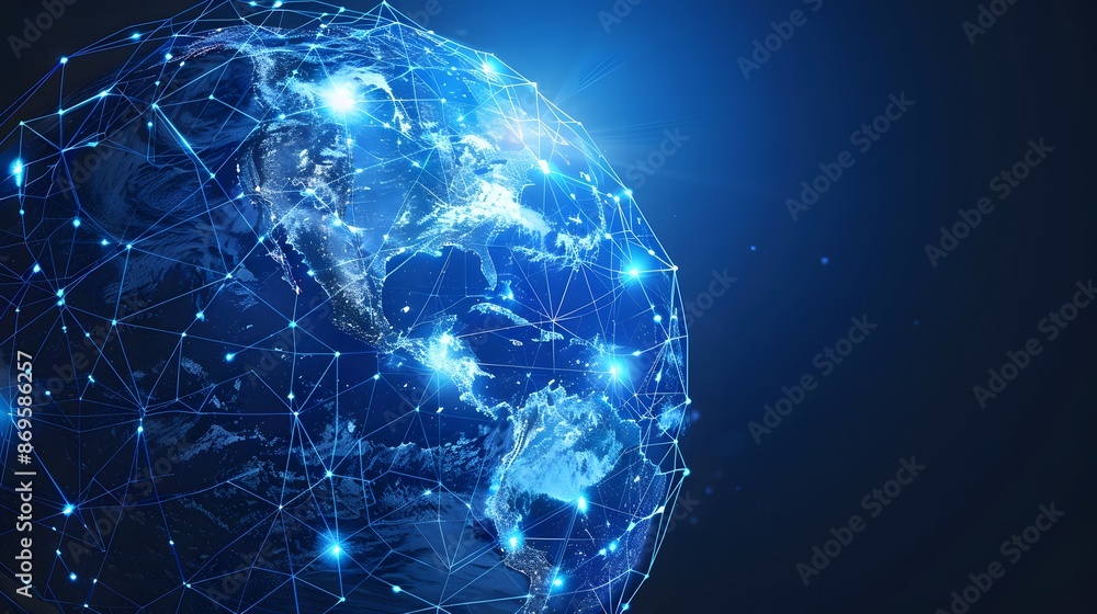 Naklejka premium Cyber technology-themed digital globe centered on America, representing global information exchange and network connectivity