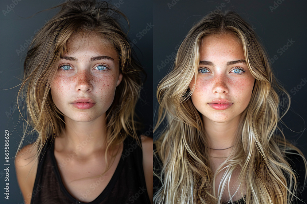 Close up captures comparison of a woman face two sides generative ai Close up captures comparison of a woman face two sides generative ai