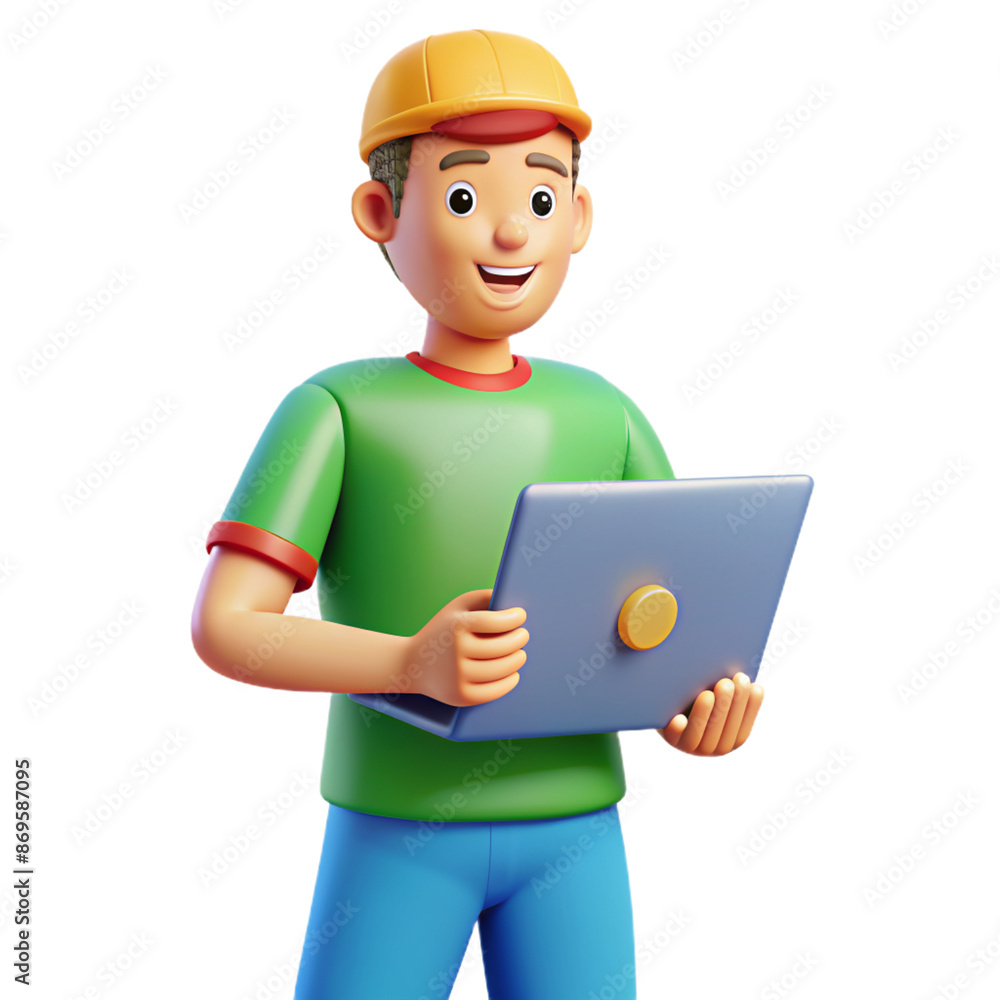 Man with laptop, 3D style, isolated on blank background cutout.
