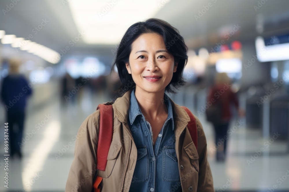 Portrait of a satisfied asian woman in her 50s sporting a versatile denim shirt isolated in bustling airport terminal Portrait of a satisfied asian woman in her 50s sporting a versatile denim shirt isolated in bustling airport terminal