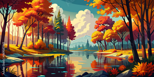 Serene autumn landscape with vibrant trees reflected in a calm lake, surrounded by mountains and a partly cloudy sky.