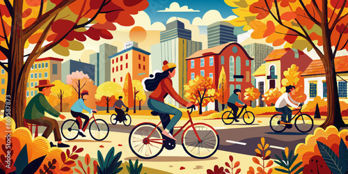 People riding bicycles on an autumn day in a city park with colorful trees and a backdrop of urban buildings.