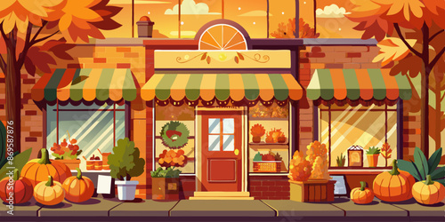 Charming autumn storefront with colorful pumpkins, seasonal decorations, and trees with orange leaves.