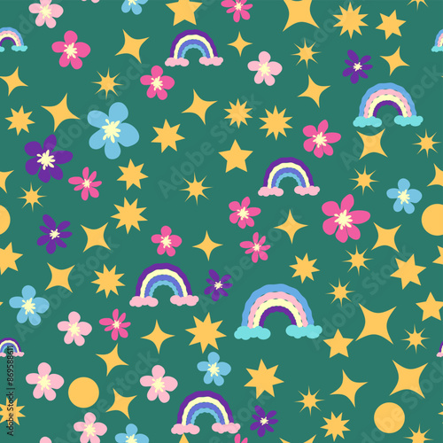 Ditsy flowers, rainbows, stars seamless pattern. Gold stars and flowers