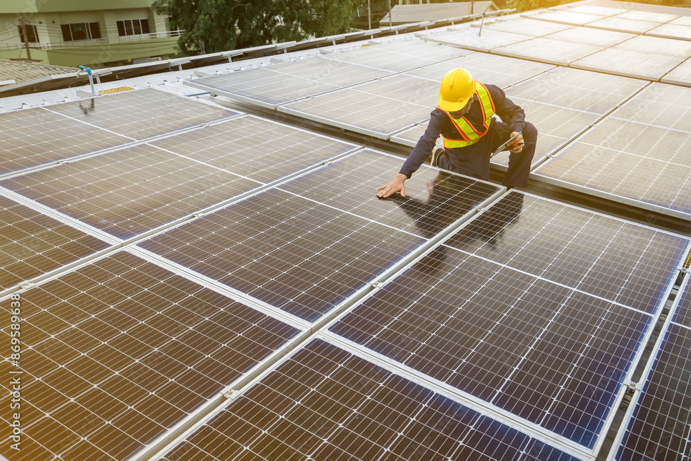 An Engineer service check installation solar cell on the roof of factory on the morning. Powerful backup power from solar energy, An operator is inspecting solar panels from a tablet on the roof. An Engineer service check installation solar cell on the roof of factory on the morning. Powerful backup power from solar energy, An operator is inspecting solar panels from a tablet on the roof.