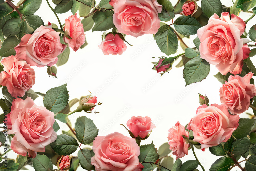 Pink Rose Floral Frame with Green Leaves Pink Rose Floral Frame with Green Leaves