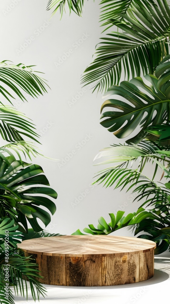 Fototapeta premium Elegant Wooden Podium with Palm Leaves: A Natural Touch for Your Presentation Space