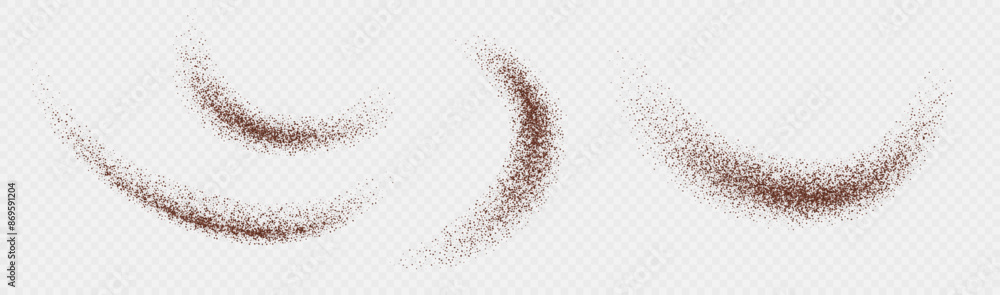 Flying coffee or chocolate powder, dust particles in motion, ground splash isolated on light background. Vector illustration.