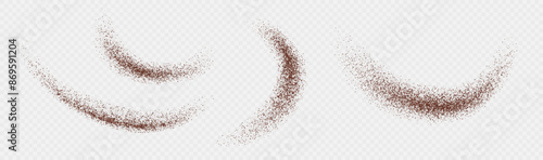 Obraz na płótnie Flying coffee or chocolate powder, dust particles in motion, ground splash isolated on light background. Vector illustration. w salonie